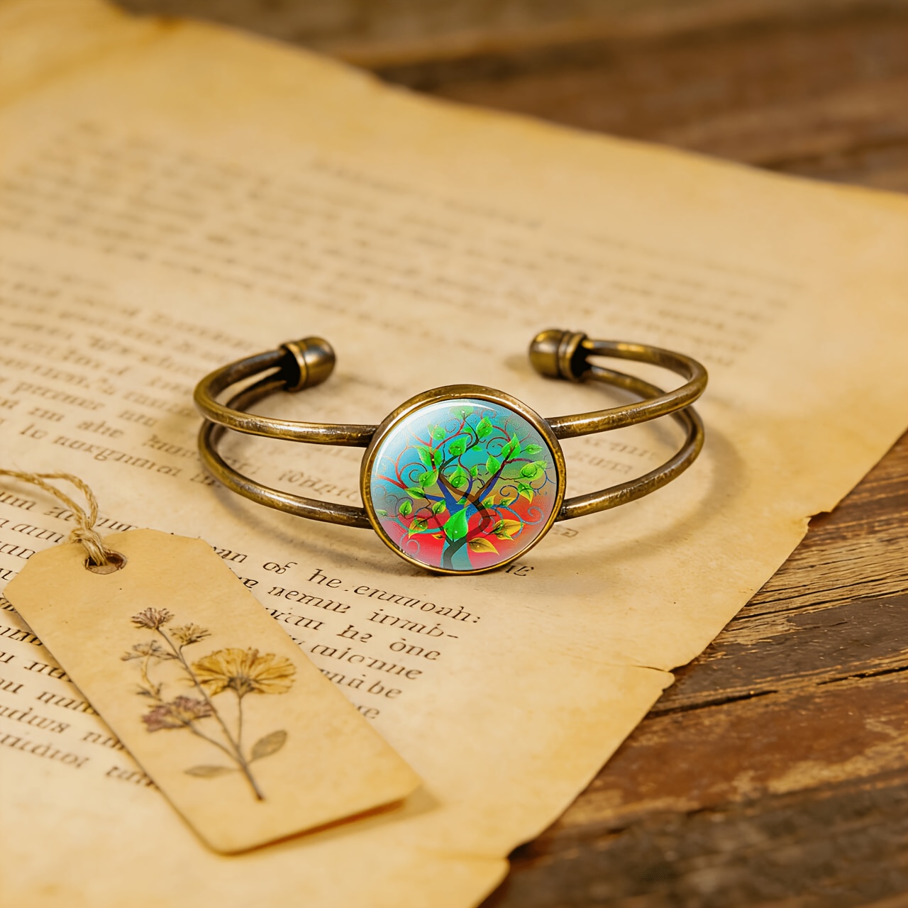 Antique Cyan Double-layer Adjustable Open-end Bangle with Artistic Tree Motif
